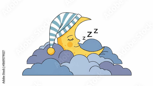 Cute sleeping moon wearing a striped nightcap.