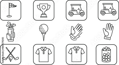 Golf icons, golf cart, golf clubs, trophy, gloves, tee, ball, shirt, bag, minimal line art, black and white