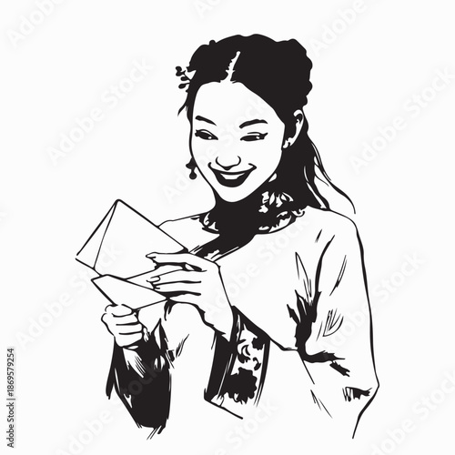 A chinese girl in a red dress is holding an qipao envelope image vetor