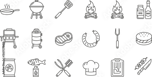 Grilling icons, barbecue tools, meat, steak, grill, pan, spatula, chef hat, campfire, chips, fish, black and white