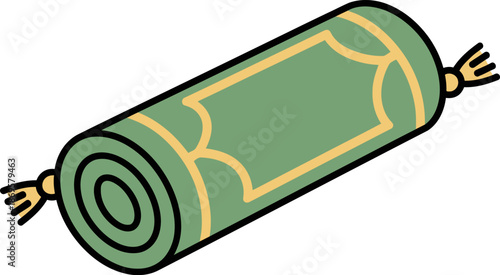 A rolled-up green mat with yellow patterns and tassels on the ends, ready for storage or transport.
