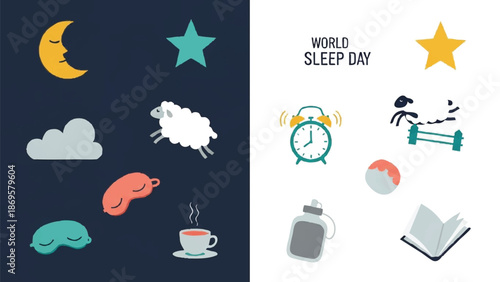 World Sleep Day Icons and Symbols for Rest and Relaxation.