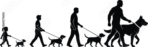 Human and dog growth silhouette, evolution of companionship, pet development stages, walking together, black and white illustration, emotional bond, timeless art