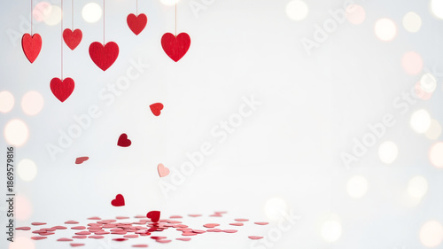 Red paper hearts falling on white background with bokeh lights  