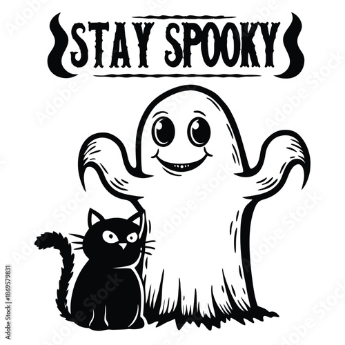 Stay Spooky Typography with Cute Cartoon Ghost and Black Cat Silhouette Halloween Illustration