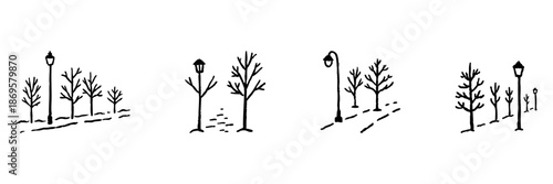 Street Lamp And Bare Trees Line Icon Set In Doodle Style. Urban Winter Landscape And Seasonal Change Outline Sketch Collection. Hand Drawn Isolated Vector Illustration