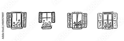 Window With Flower Pots Line Icon Set In Doodle Style. Home Decor, Gardening, And Nature Connection Outline Sketch Collection. Hand Drawn Isolated Vector Illustration