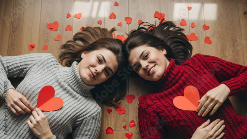 Two women lying on floor with heart shapes for Valentine's Day  