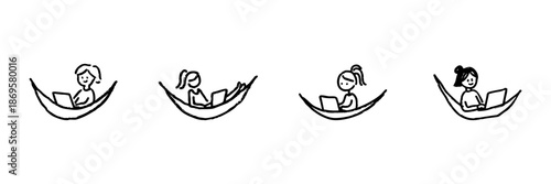 People Working On Laptops In Hammocks Line Icon Set In Doodle Style. Remote Work, Relaxed Productivity, And Digital Nomad Lifestyle Outline Sketch Collection. Hand Drawn Isolated Vector Illustration