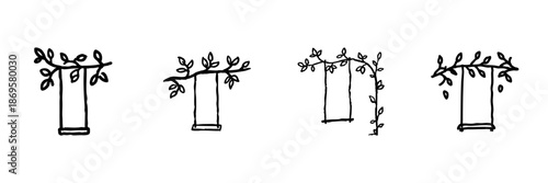 Tree Swing Line Icon Set In Doodle Style. Nature, Relaxation, And Outdoor Recreation Outline Sketch Collection. Hand Drawn Isolated Vector Illustration
