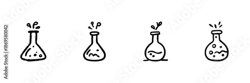 Laboratory Flask Line Icon Set In Doodle Style. Chemistry Experiment, Scientific Research, And Chemical Reaction Outline Sketch Collection. Hand Drawn Isolated Vector Illustration