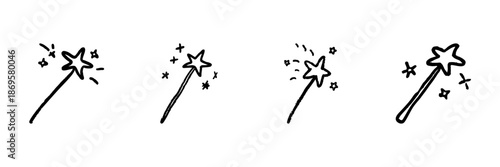 Magic Wand Line Icon Set In Doodle Style. Enchantment, Fantasy, And Magical Transformation Outline Sketch Collection. Hand Drawn Isolated Vector Illustration