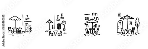 Outdoor Cafe Seating Line Icon Set In Doodle Style. Relaxation, Social Gathering, And Leisure Time Outline Sketch Collection. Hand Drawn Isolated Vector Illustration