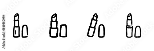 Lipstick Line Icon Set In Doodle Style. Beauty, Makeup, And Cosmetic Product Outline Sketch Collection. Fashion And Personal Care. Hand Drawn Isolated Vector Illustration