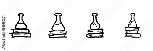 Laboratory Flask On Books Line Icon Set In Doodle Style. Science Education, Research, And Knowledge Outline Sketch. Academic Learning And Experimentation. Hand Drawn Isolated Vector Illustration