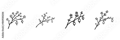 Cherry Blossom Branches With Lanterns Line Icon Set In Doodle Style. Asian Cultural Symbolism And Festive Decoration Outline Sketch Collection. Hand Drawn Isolated Vector Illustration