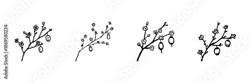 Cherry Blossom Branches With Lanterns Line Icon Set In Doodle Style. Spring Festival, Asian Cultural Celebration, And Decorative Floral Design Outline Sketch. Hand Drawn Isolated Vector Illustration