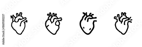 Anatomical Heart Line Icon Set In Doodle Style. Cardiovascular Health And Medical Illustration Outline Sketch Collection. Heart Anatomy And Circulatory System. Hand Drawn Isolated Vector Illustration