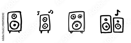 Speakers And Music Notes Line Icon Set In Doodle Style. Audio Equipment, Sound System, And Music Playback Outline Sketch Collection. Hand Drawn Isolated Vector Illustration