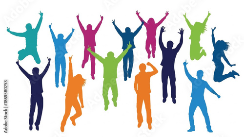 Diverse Group of People Celebrating with Joyful Jumps.