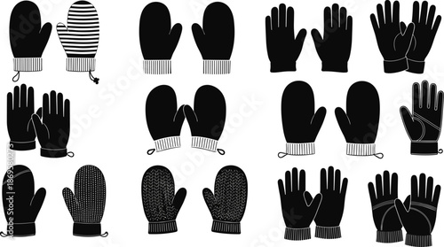 Winter gloves and mittens silhouette collection, hand wear fashion illustration set isolated on white background vector design