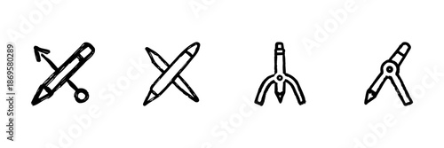 Pencil And Compass Line Icon Set In Doodle Style. Creative Design, Drafting, And Precision Tools Outline Sketch Collection. Hand Drawn Isolated Vector Illustration