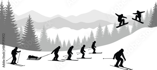 Winter sports silhouette scene with skiers and snowboarders in mountain landscape, outdoor adventure, snow activity, alpine recreation illustration