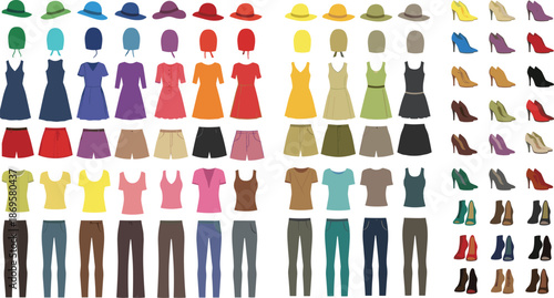 Women fashion clothing set, dresses tops pants shoes hats accessories colorful flat illustration vector wardrobe collection design modern lifestyle catalog