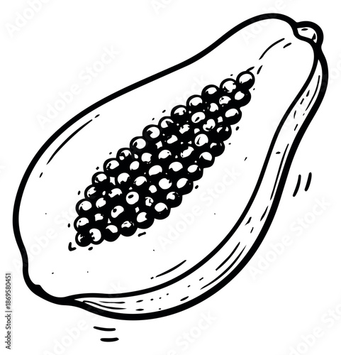 Hand drawn line art illustration of papaya depicting a cut half with seeds for healthy eating