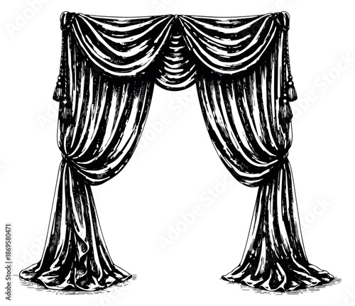 Hand drawn line art illustration of ornate stage curtains depicting elegant drapery with tassels for a theatrical or luxurious setting