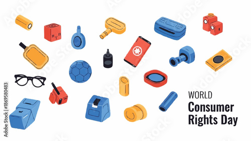 Collection of consumer goods and items representing consumer rights.