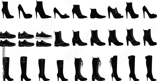 Women footwear silhouette collection, high heels boots sneakers shoes set, fashion illustration isolated on white background vector design