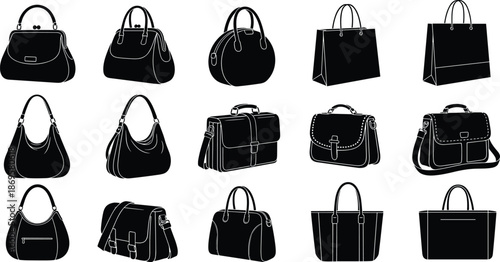 Women handbag collection vector illustration, fashion purses totes satchels shoulder bags silhouettes set isolated on white background modern elegant accessories