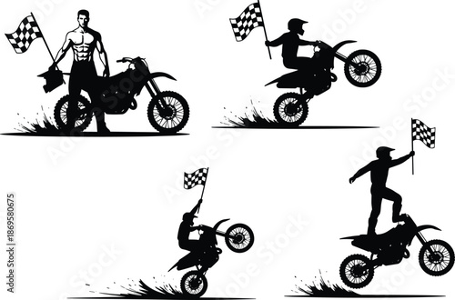 Motorcycle racing silhouettes, victory poses with checkered flags