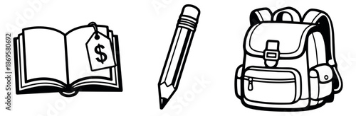 Hand drawn line art education icons set featuring an open book with a price tag, a pencil, and a backpack for school or college