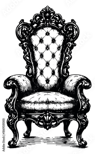 Hand drawn line art illustration of an ornate armchair depicting baroque style for luxury decor