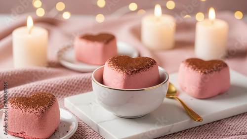 Heart-shaped pink marshmallows with candles on a soft pink background  