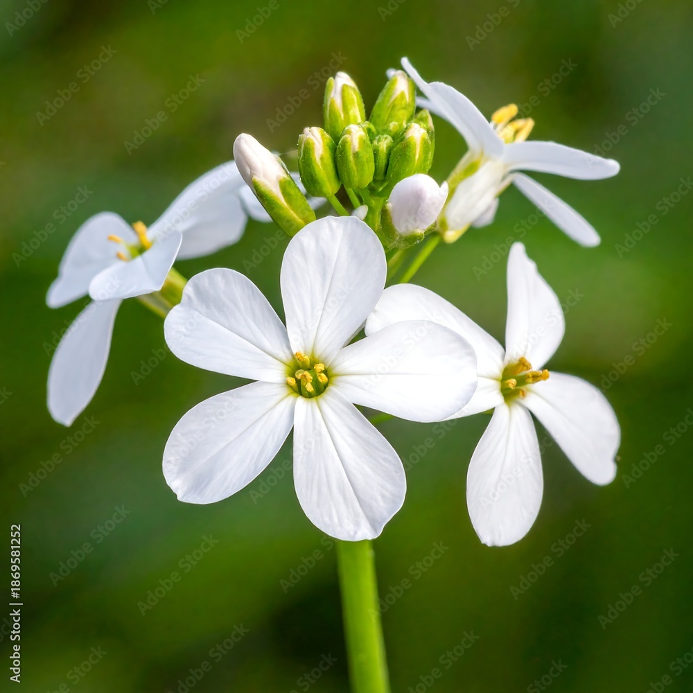 Obraz premium Close-up of White Cuckoo Flower Blooms and Buds in Spring.