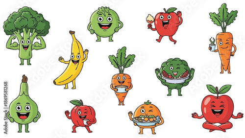 Collection of cartoon fruits and vegetables characters with faces.