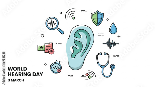 World Hearing Day illustration with ear and medical symbols.