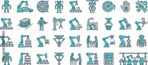 Industrial, robotics, automation, icons, set, manufacturing, factory, machines, robotic, arms, technology, assembly, production, engineering, smart, industry, flat, vector, illustration, collection