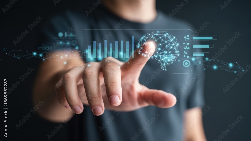 Naklejka premium Human hand interacts with futuristic digital interface displaying ai brain and data analytics