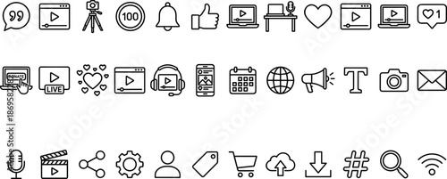 Social, media, marketing, icons, set, video, streaming, content, engagement, online, digital, communication, branding, multimedia, interface, flat, line, design, vector, illustration