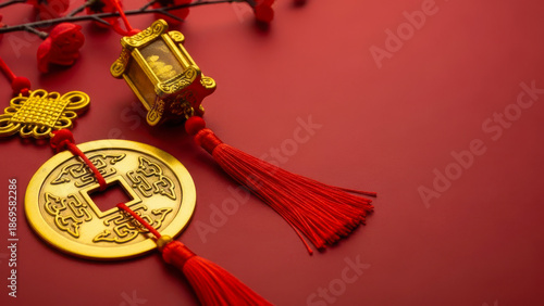 Chinese new year decoration with gold coin and red tassel