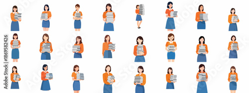 Collection of flat design illustrations showing diverse women standing and carrying heavy piles of books, symbolizing education, study, or academic burden.
