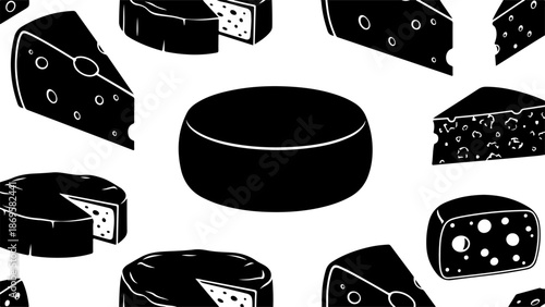 A seamless pattern displays various black silhouette cutouts of whole cheese wheels and triangular wedges scattered across a white background.