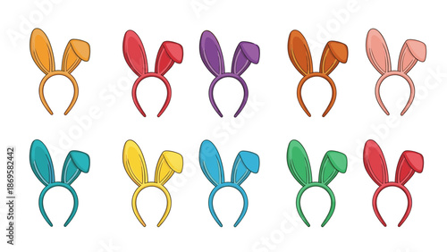 Colorful bunny ears headbands in various vibrant colors isolated on white background