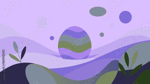 Abstract egg-shaped design with wavy patterns in purple and green tones on a surreal landscape background