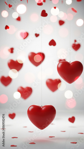 Red hearts hanging in a festive arrangement on a soft background  