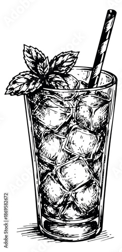 Hand drawn line art illustration of a glass of iced beverage depicting a cool refreshment with mint and a straw for summer drink menus
